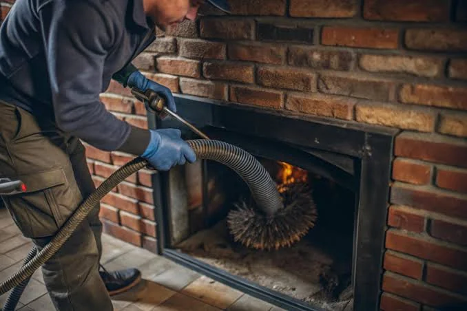 Chimney technician using a professional brush and vacuum inside a brick fireplace